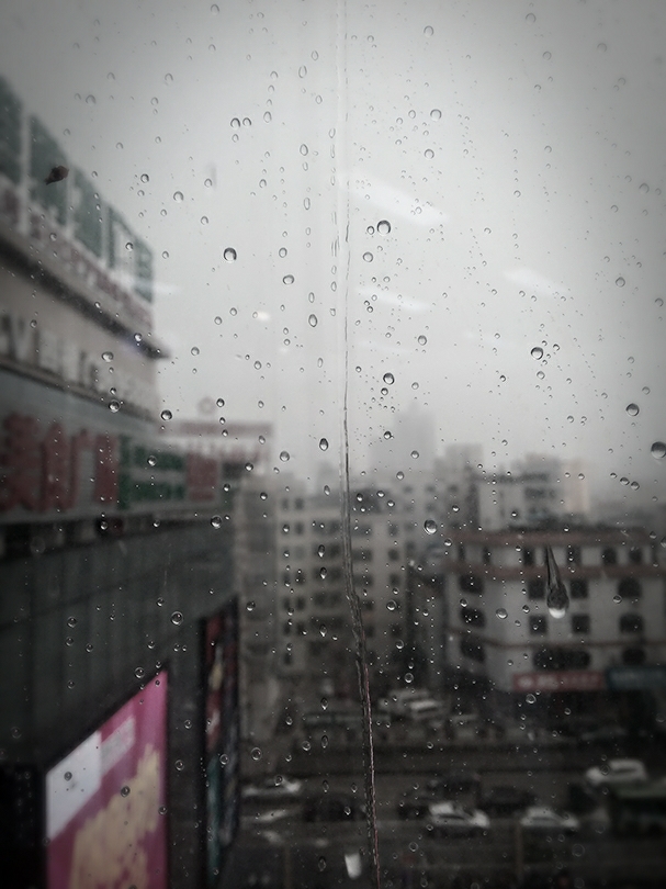我面对着落地玻璃窗坐着;外面下着雨,天空被雨帘遮住,灰蒙蒙